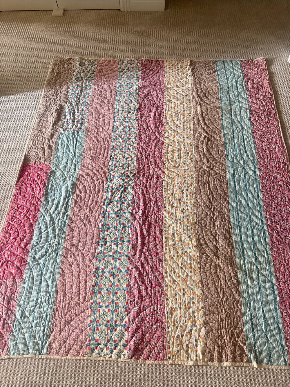 Antique cottagecore handmade hand stitched Striped Patchwork 40s Quilt